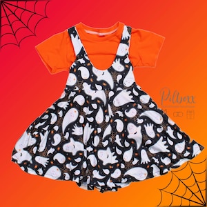 Toddler Girls Halloween Dress: Ghost Pinafore, Orange Shirt & Bow