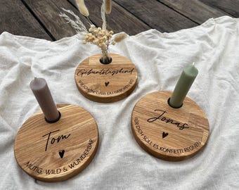 Candle plate with personalized engraving | Candle holder set with candle and vase | Birthday plate with saying | Oak candlestick