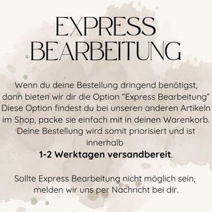 以下が含まれることがあります： ベージュ色の背景に「EXPRESS BEARBEITUNG」と書かれたテキスト。緊急の注文に対応するエクスプレス処理オプションについて説明しており、処理期間は1〜2営業日です。
