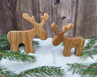 Elch aus Eichenholz | Elche Deko rustikal | Skandi Weihnachtsdeko | Massivholz Tierfigur | Winterdeko rustikal