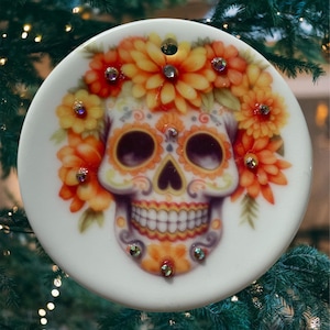 Yellow Flowers Mexican  Sugar Skull hanging ceramic ornament