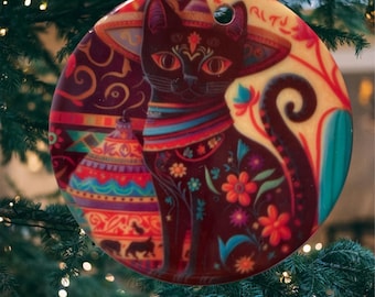Mexican Cat Ceramic hanging tree ornament