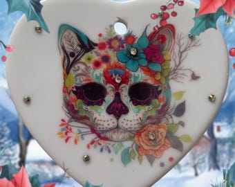 Mexican Sugar Skull Cat Ceramic hanging ornament