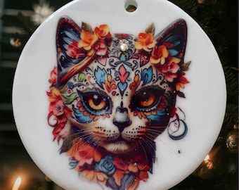 Mexican Sugar Skull Cat Ceramic hanging ornament