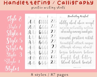 8 style Handlettering Practice Sheets, 87 pages, Practice Worksheets, lettering procreate , Handlettering Practice