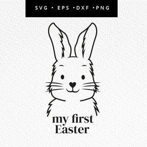 May include: A black and white line drawing of a bunny rabbit with the text "my first Easter" below it.