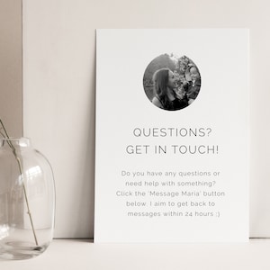 May include: Black and white photo of a woman and child in a circle on a white background. The text "QUESTIONS? GET IN TOUCH!" is below the photo. The text below that reads "Do you have any questions or need help with something? Click the 'Message Maria' button below. I aim to get back to messages within 24 hours :)"