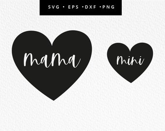 May include: Two black heart shapes with white text. The larger heart says "mama" and the smaller heart says "mini".