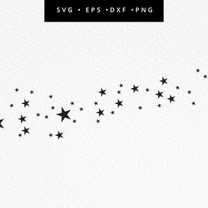 May include: Black star cluster design. The image features a collection of black stars of varying sizes arranged in a flowing, curved pattern against a white textured background. The top of the image has the text: SVG • EPS • DXF • PNG.