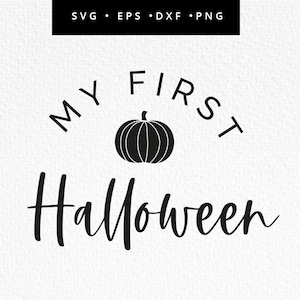 May include: Black and white graphic design with the text "My First Halloween" and a pumpkin silhouette.