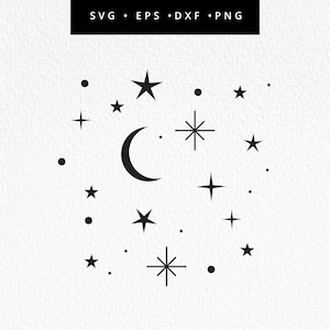 May include: A black and white illustration of a crescent moon and stars. The moon is in the centre of the image and is surrounded by stars of different sizes. There are also small dots scattered around the image.