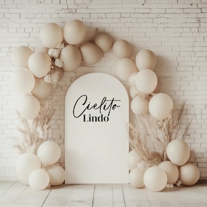 May include: A white archway backdrop with the text "Cielito Lindo" in black script. The archway is decorated with a garland of beige balloons.