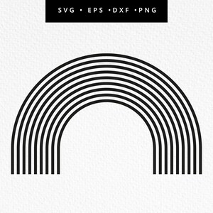 May include: Black and white striped rainbow arch design. This graphic design is perfect for creating a modern and minimalist aesthetic.