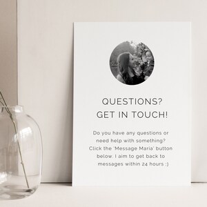 May include: Black and white photo of a woman and child in a circle on a white background. The text "QUESTIONS? GET IN TOUCH!" is below the photo. The text below that reads "Do you have any questions or need help with something? Click the 'Message Maria' button below. I aim to get back to messages within 24 hours :)"