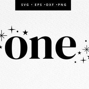 Può includere: Grafica in bianco e nero della parola "one" con piccole stelle intorno.
