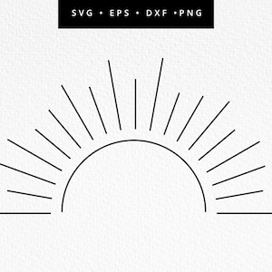 May include: A minimalist black and white graphic of a rising sun or sunburst design. The image features a semi-circle with radiating lines, and the text "SVG • EPS • DXF • PNG" in a black rectangle at the top.