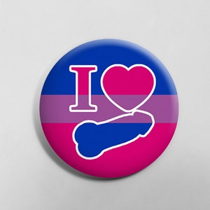 I Heart Penis - Bi Pride Button - NSFW 18+ Bisexual Cock LGBTQ+ Pride Pin.  Button Available in 2 sizes: 1.25" (32mm) or 2.25" (58mm)