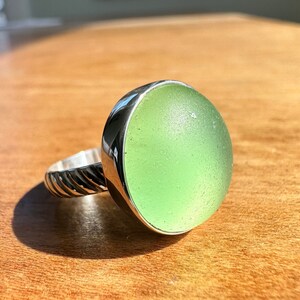 Handmade Green Sea Glass Ring: Recycled Sterling Silver Twisted Band, US Size 7.25