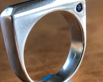 Handmade Signet Ring - Sand Cast Sterling Silver Ring - White and Blue Inset Sapphires - US Size 5.25