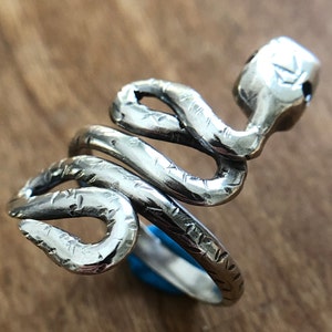 Sterling Silver Forged Snake Ring - Sapphire set eyes - 2mm round blue sapphires - Maine made adjustable band ring - US Size 5.5-7