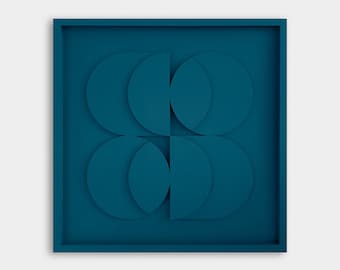 May include: A teal blue framed wall art piece with a geometric design of overlapping circles.
