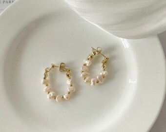 Pearl earrings, gold hoop earrings, stud earrings