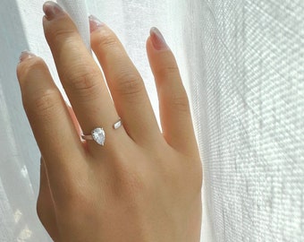 Anillo de plata fina con piedra preciosa en forma de pera, anillo de declaración, anillo midi de plata, anillo de apilamiento
