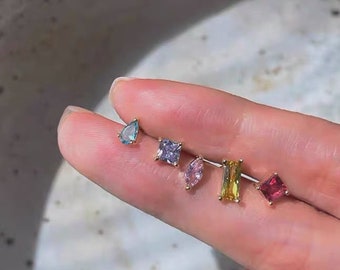 Colorful small stud earrings set, delicate gold earrings with crystal stones