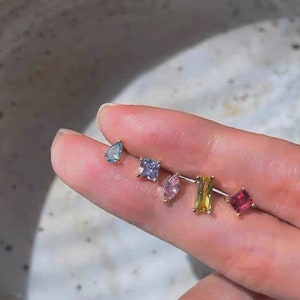 Colorful small stud earrings set, delicate gold earrings with crystal stones