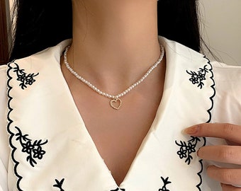 Collier de perles avec pendentif coeur, simple tour de cou en perles