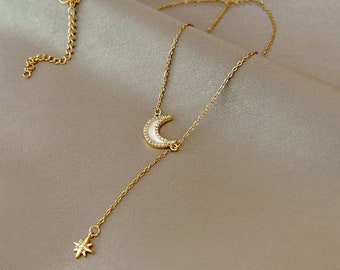 Dainty gold necklace with pendant, moon stars chain, sky necklace