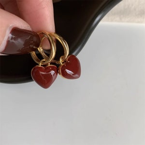 Delicate heart earrings gold, vintage earrings red