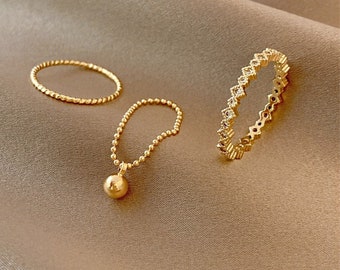 Gouden ringen set, minimalistische stapelringen voor vrouwen, filigraan kettingring met hanger