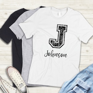 Personalized Varsity Letter Name Tee | Large Distressed Athletic Letter Custom Shirt | Black, Gray or White