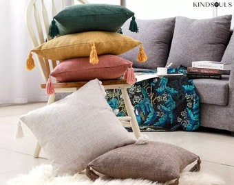 Boho Leinen Kissenbezug, linen pillow cover mit Quasten, Sofa einfarbige Kissenbezüge mit Quasten aus 100% Leinen