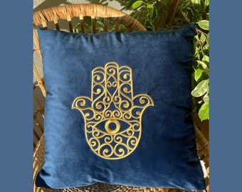 Boho Samt Kissenhülle mit dekorativer Gold stickerei in Blau | Sofa Samt Kissenbezug | 45 x 45cm | velvet pillow cover