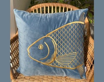 Boho velvet cushion cover with decorative gold embroidery in light blue | Sofa velvet cushion cover | 45 x 45 cm | Velvet Pillow Cover