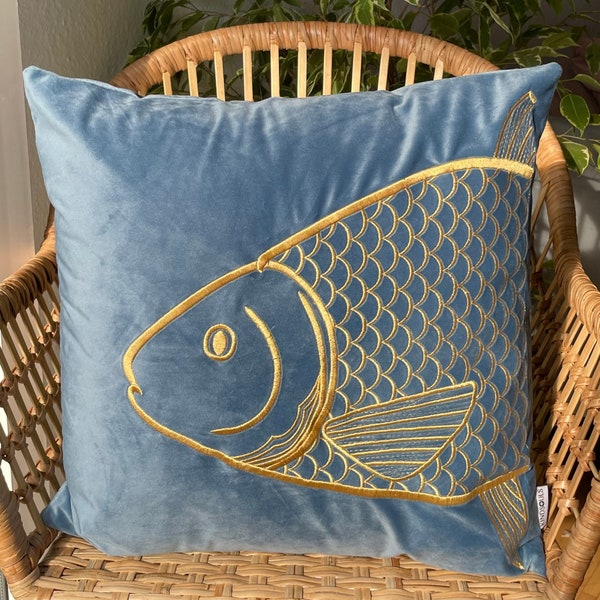 Housse de coussin en velours Boho avec broderie dorée décorative en bleu clair | Housse de coussin en velours pour canapé | 45x45cm | housses de coussin en velours