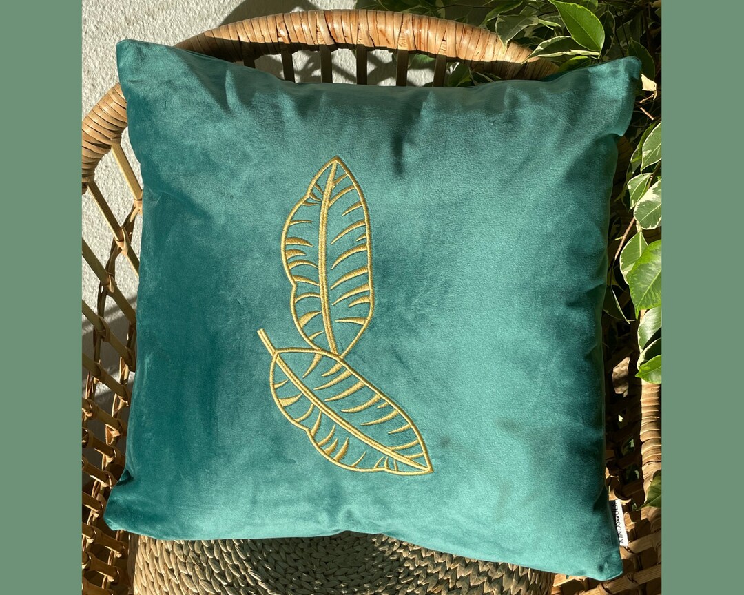 Boho Velvet Cushion Cover With Decorative Embroidery in Green Sofa
