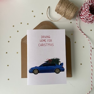 Driving Home for Christmas A6 Weihnachtskarte mit braunem Kraftpapier Umschlag Subaru Subie Carlover JDM Auto Weihnachtsbaum Car Guy