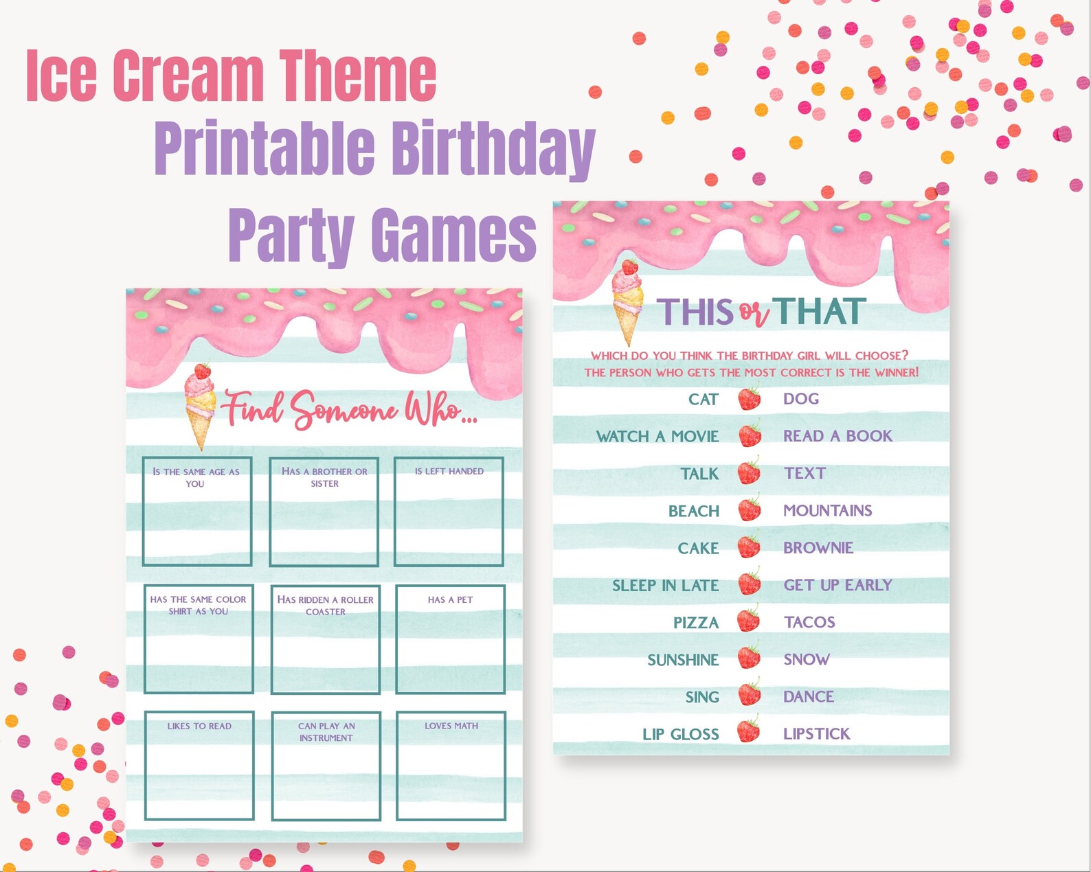 Printable Birthday Party Games Ice Cream Party Game Birthday Etsy