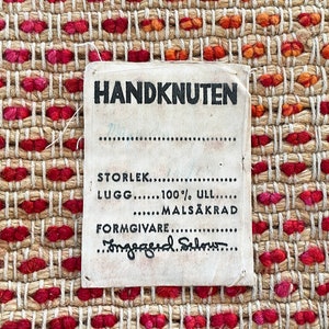 Red Swedish Handwoven Knotted-Pile Rug by Ingegerd Silow 6'3 x 4'7 Handmade Rya Carpet 1960's Original Label 193 x 140 cm image 3