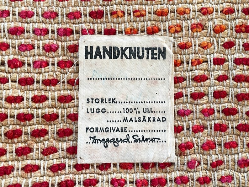 Red Swedish Handwoven Knotted-Pile Rug by Ingegerd Silow 6'3 x 4'7 Handmade Rya Carpet 1960's Original Label 193 x 140 cm image 3