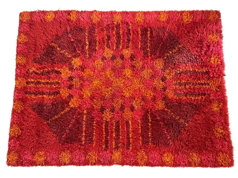 Red Swedish Handwoven Knotted-Pile Rug by Ingegerd Silow 6'3 x 4'7 Handmade Rya Carpet 1960's Original Label 193 x 140 cm image 6