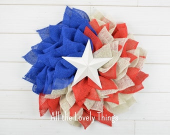 Red White & Blue Burlap Flower Wreath with Metal Star Center, Americana Wreath, 4th of July Wreath, Patriotic Wreath, Memorial Day Wreath