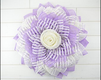 Cream & Lavender Burlap Flower Wreath, Farmhouse Wreath, Country Wreath, Front Door Wreath