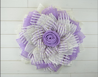 Lavender & Cream Burlap Flower Wreath, Country Wreath, Farmhouse Wreath, Front Door Wreath