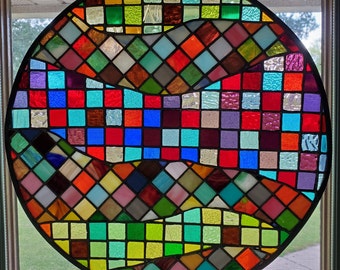 Round stained glass panel, window hanging