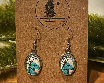 Kitschy Peacock Portrait Dangle Earrings with Surgical Steel French Hooks