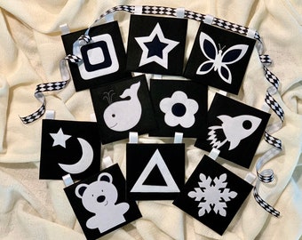 Babies Newborn Black White Sensory Montessori Felt 10 Cards Set Double Sided Baby Shower Gift Up to 6 Month Smart Baby Developmental Toy